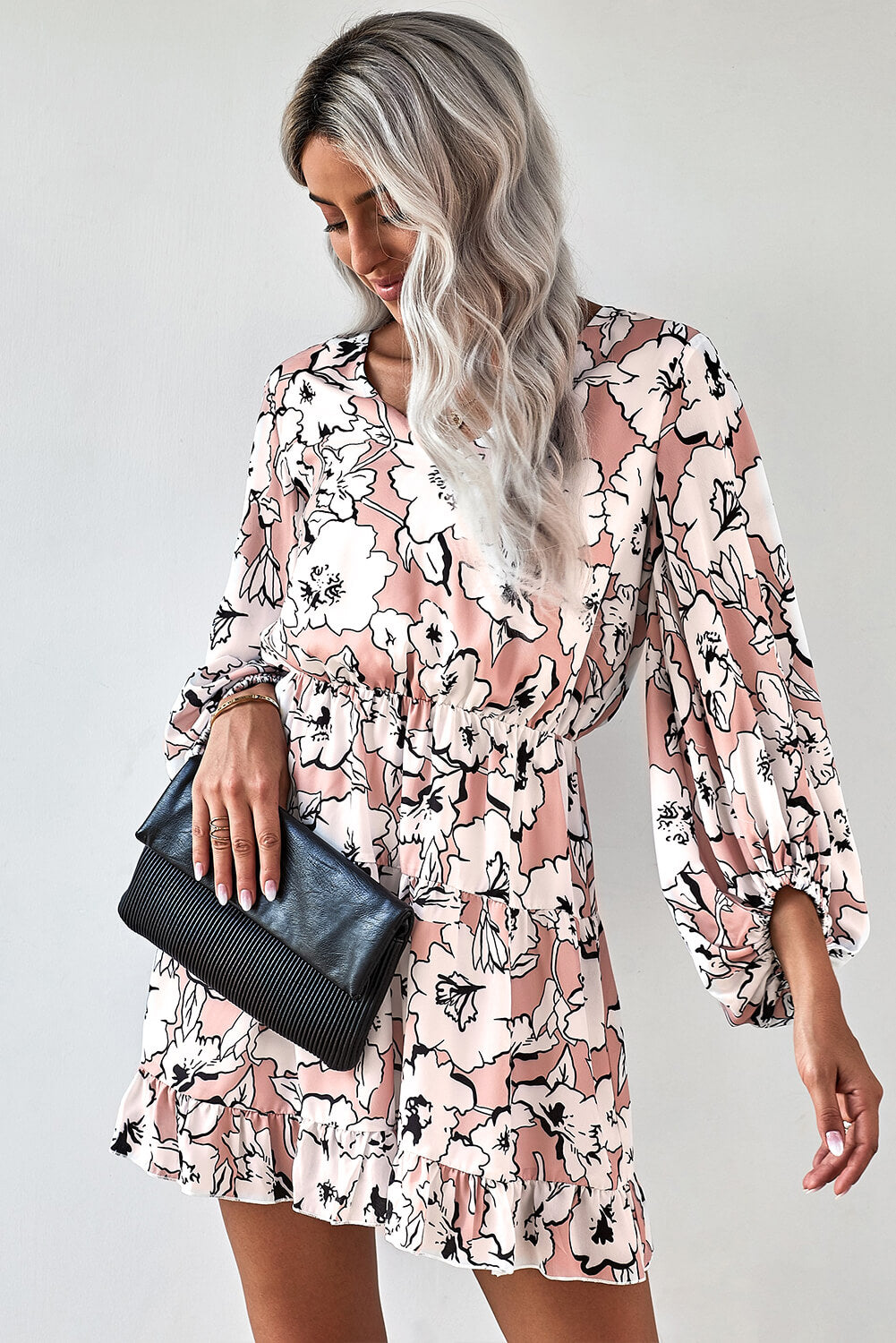 Chic Apricot V Neck Lantern Sleeves Floral Tunic Dress