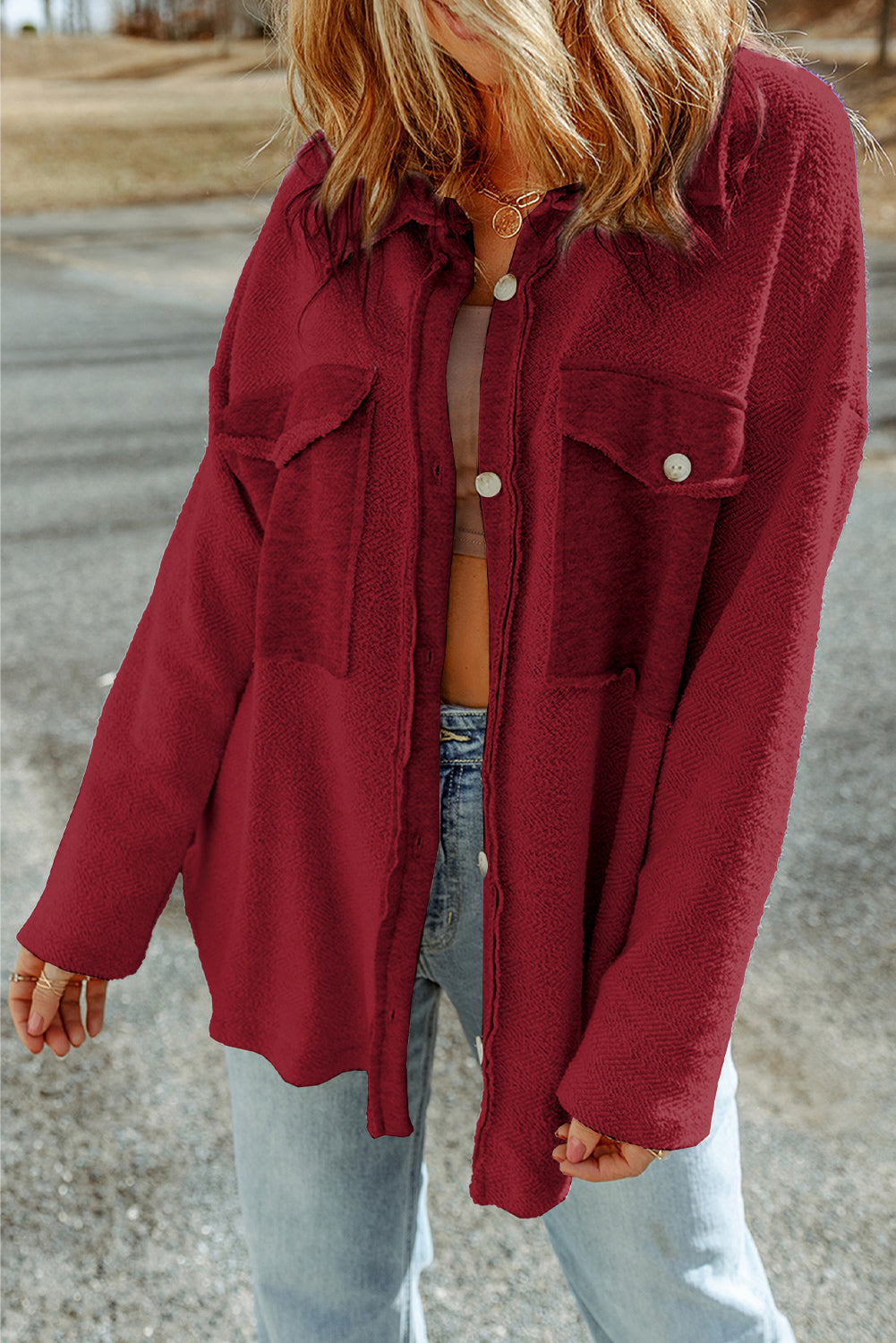 Red Contrast Flap Pockets Relaxed Shacket