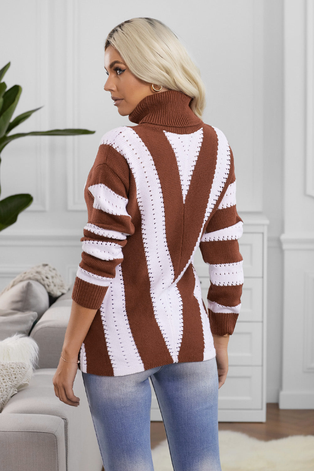 Brown White Striped Color Block Turtleneck Knitted Sweater