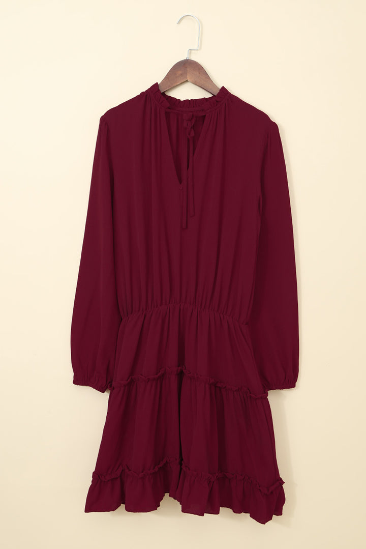 Wine V Neck Long Sleeve Ruffle Tiered Mini Dress