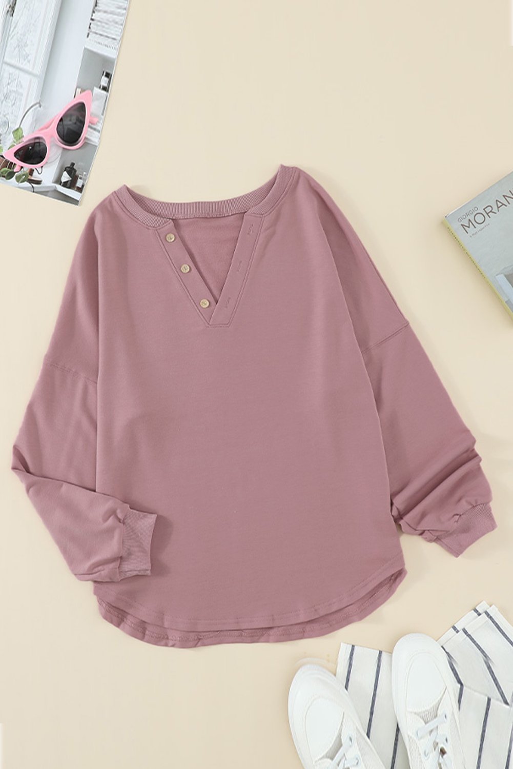 Women Pink Buttoned V Neck Cotton Loose Fit Top