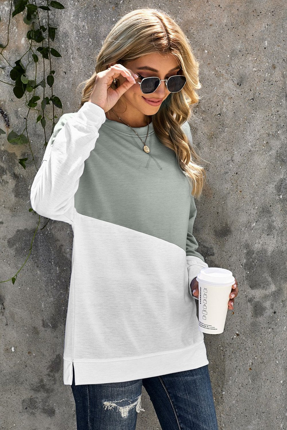 Gray White Patchwork Dropped Shoulder Sleeve Sweatshirt