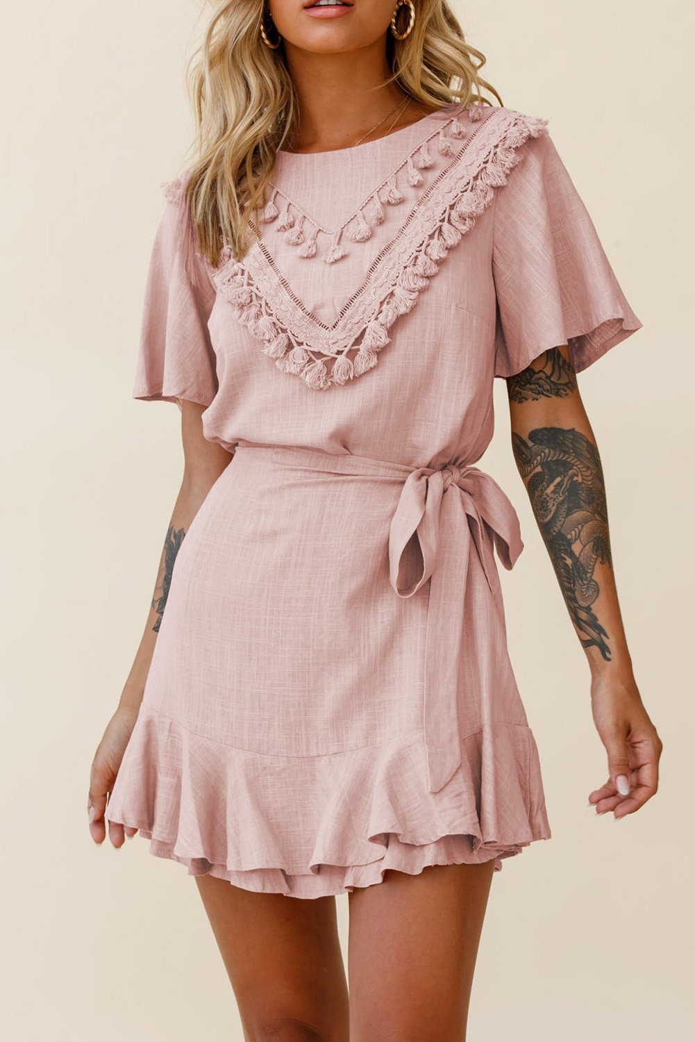 Chic Pink Tassel Bust Wrap Bottom Short Dress