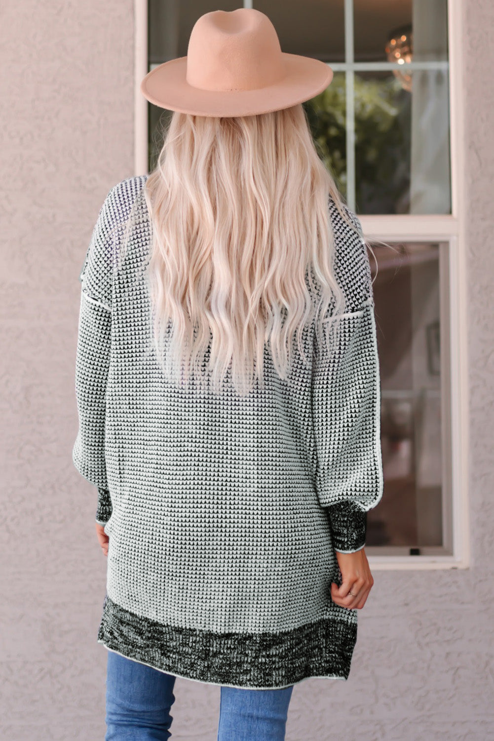 Gray Plaid Knitted Long Open Front Cardigan