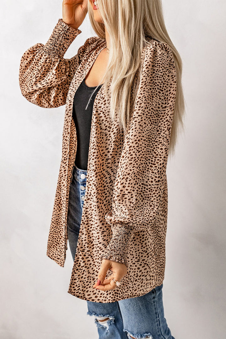 Apricot Animal Print Shirred Cuff Lantern Sleeve Cardigan