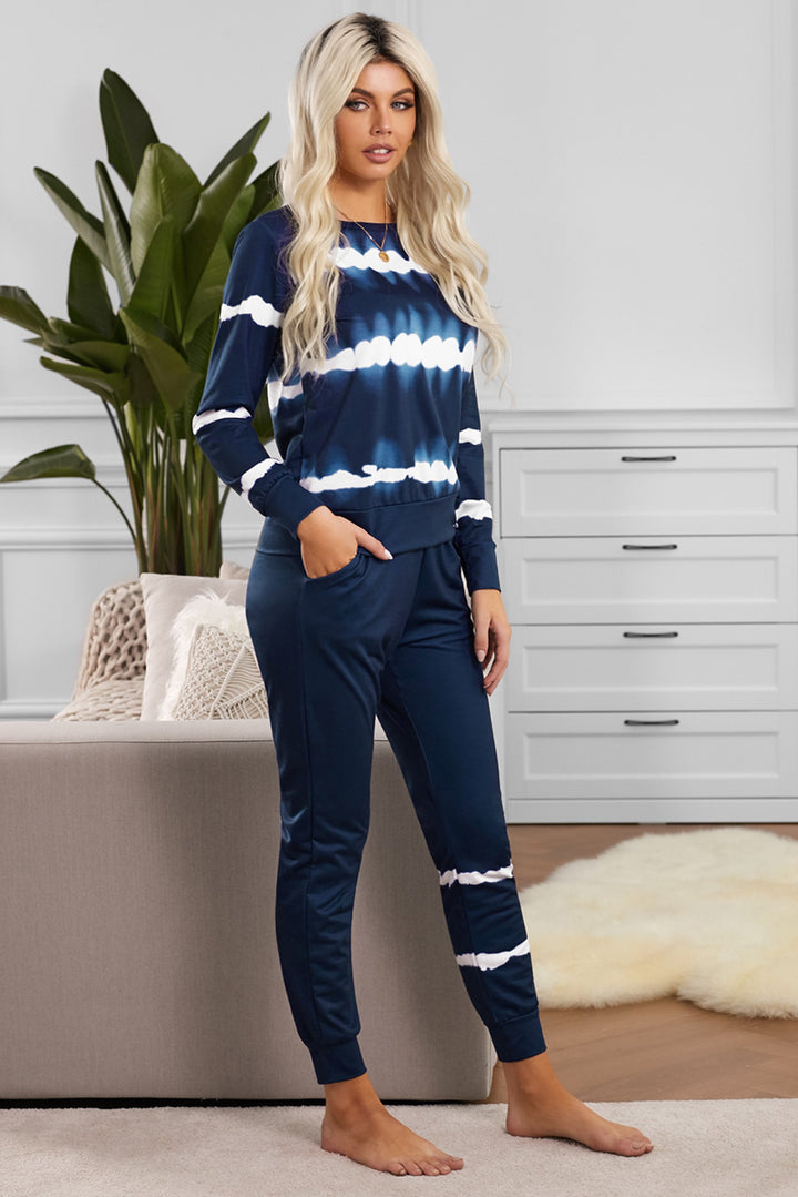 Navy Blue Tie-dye Stripes Pullover Top and Pants Lounge Set