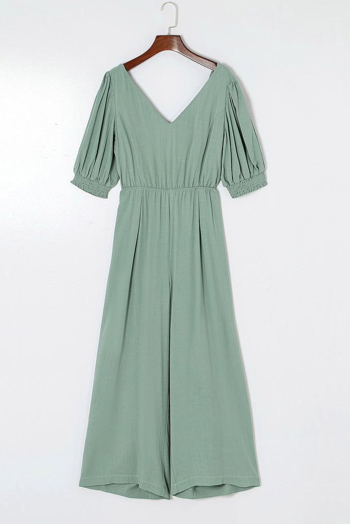 Green V Neck Puff Sleeve Hollow out Wide Leg Jumpsuit