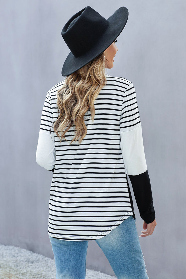 Black White Heart Sequins Striped Long Sleeve Top