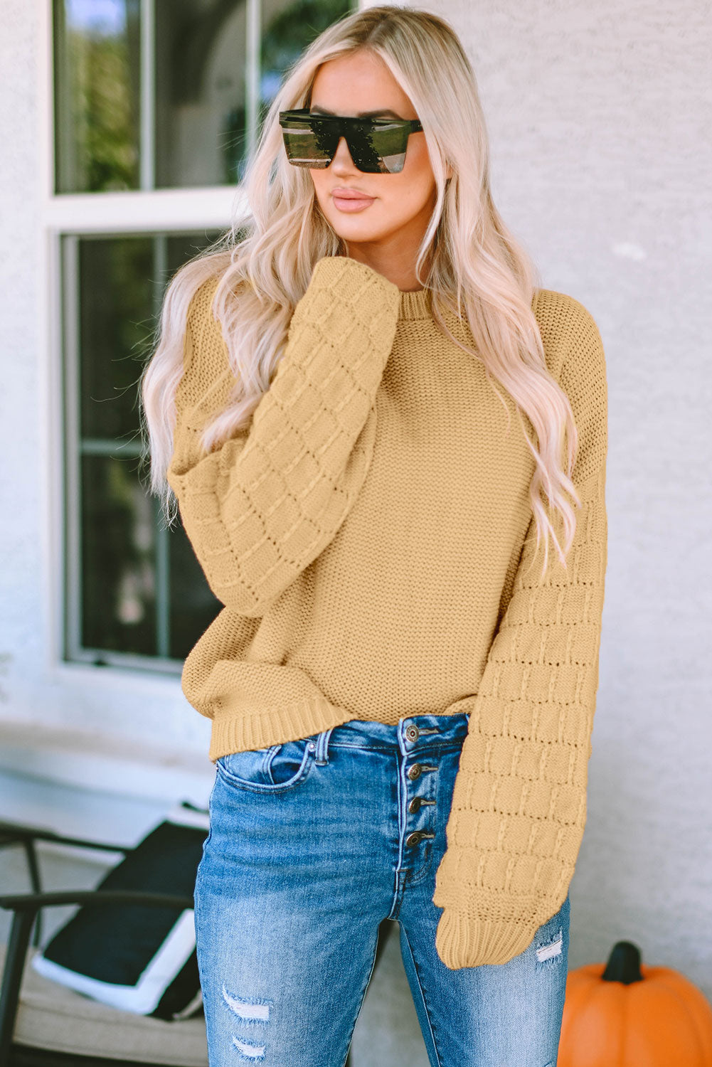 Khaki Hollowed Bubble Sleeve Knit Sweater