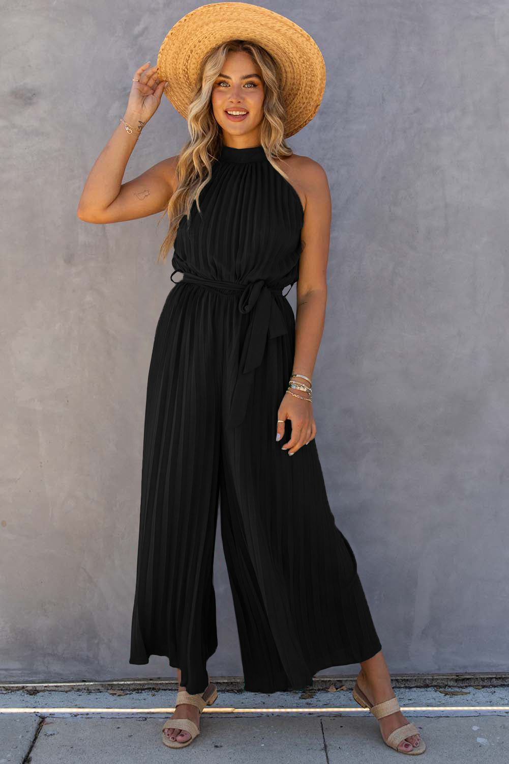 Fashion Halter Neck Pleated Wide Leg Jumpsuit with Belt – ModeShe