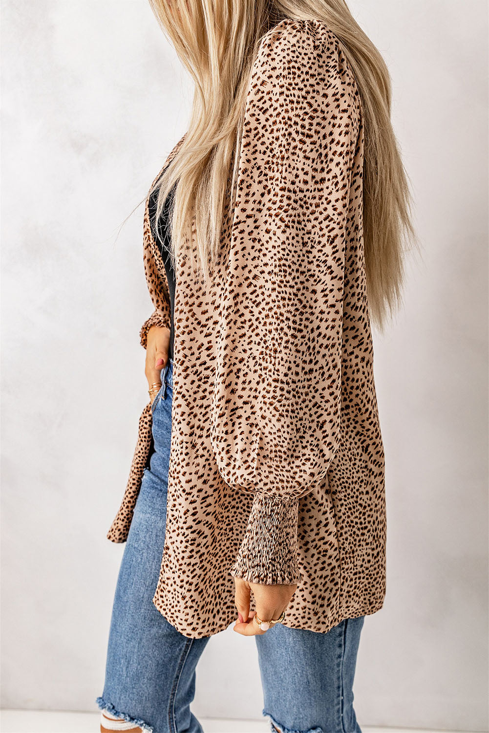 Apricot Animal Print Shirred Cuff Lantern Sleeve Cardigan