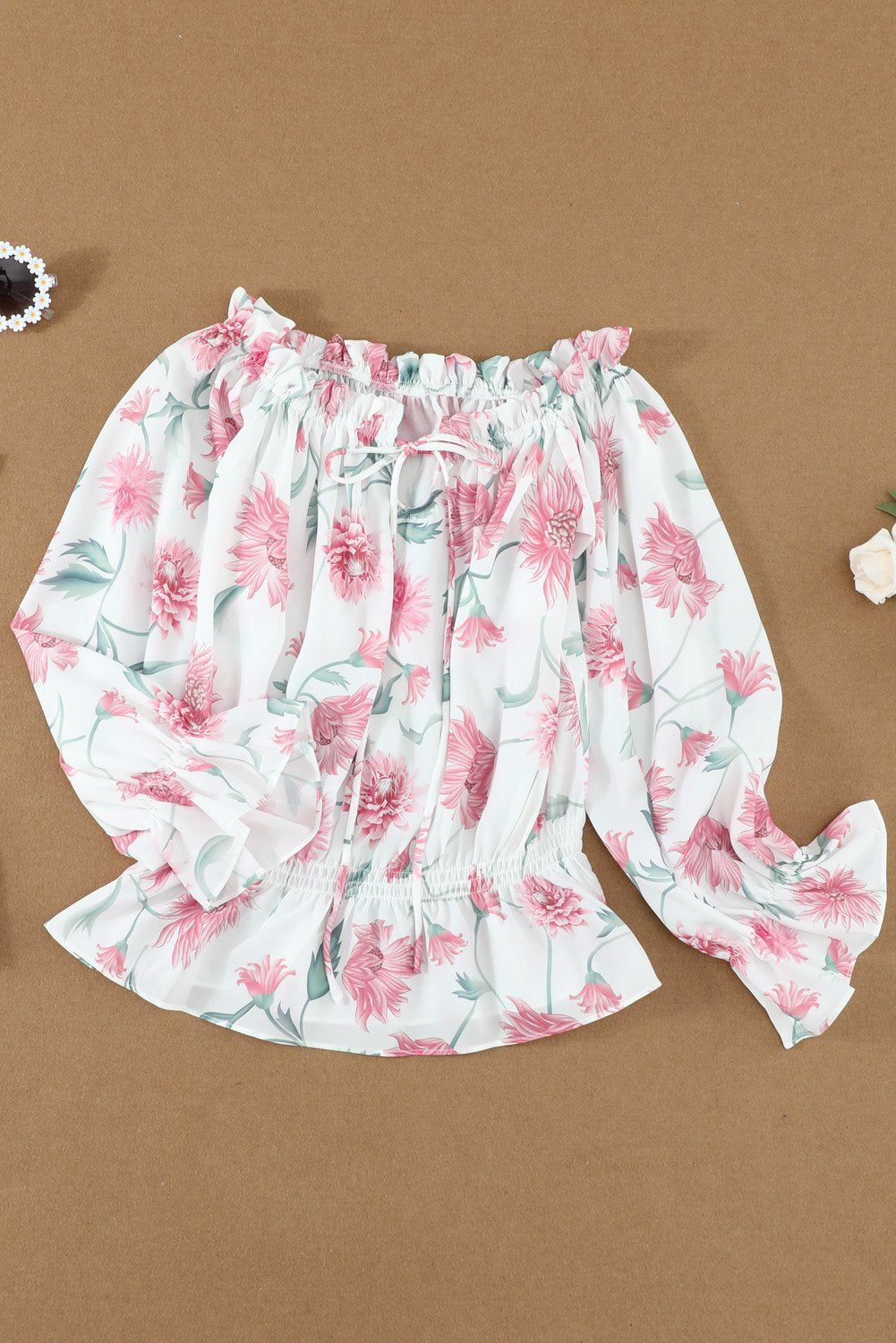 Chic White Pink Floral Print Off the Shoulder Blouse