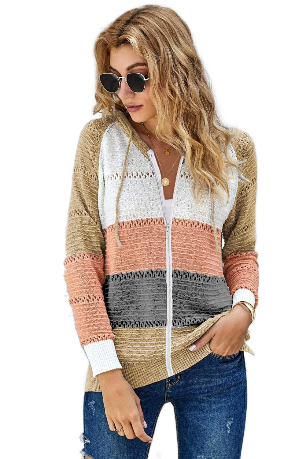 Womens Multicolor Zipped Front Colorblock Hollow-out Knit Hoodie
