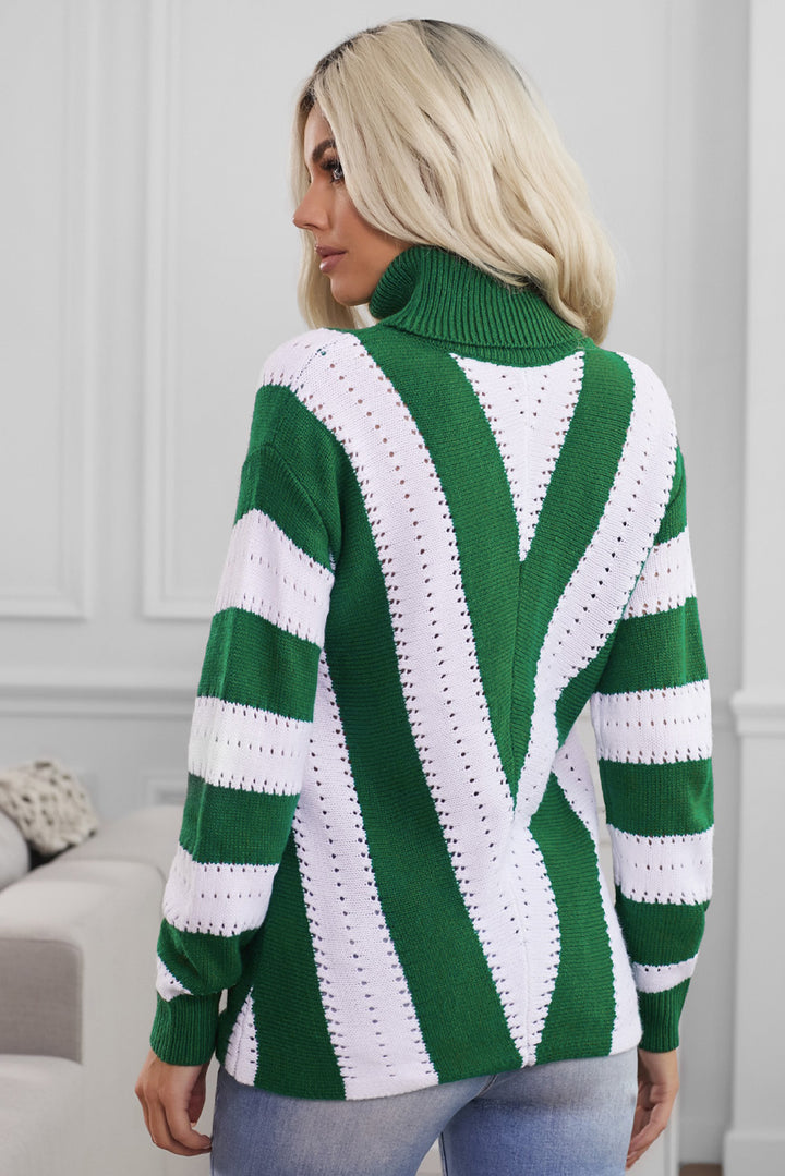 Green White Striped Color Block Turtleneck Knitted Sweater