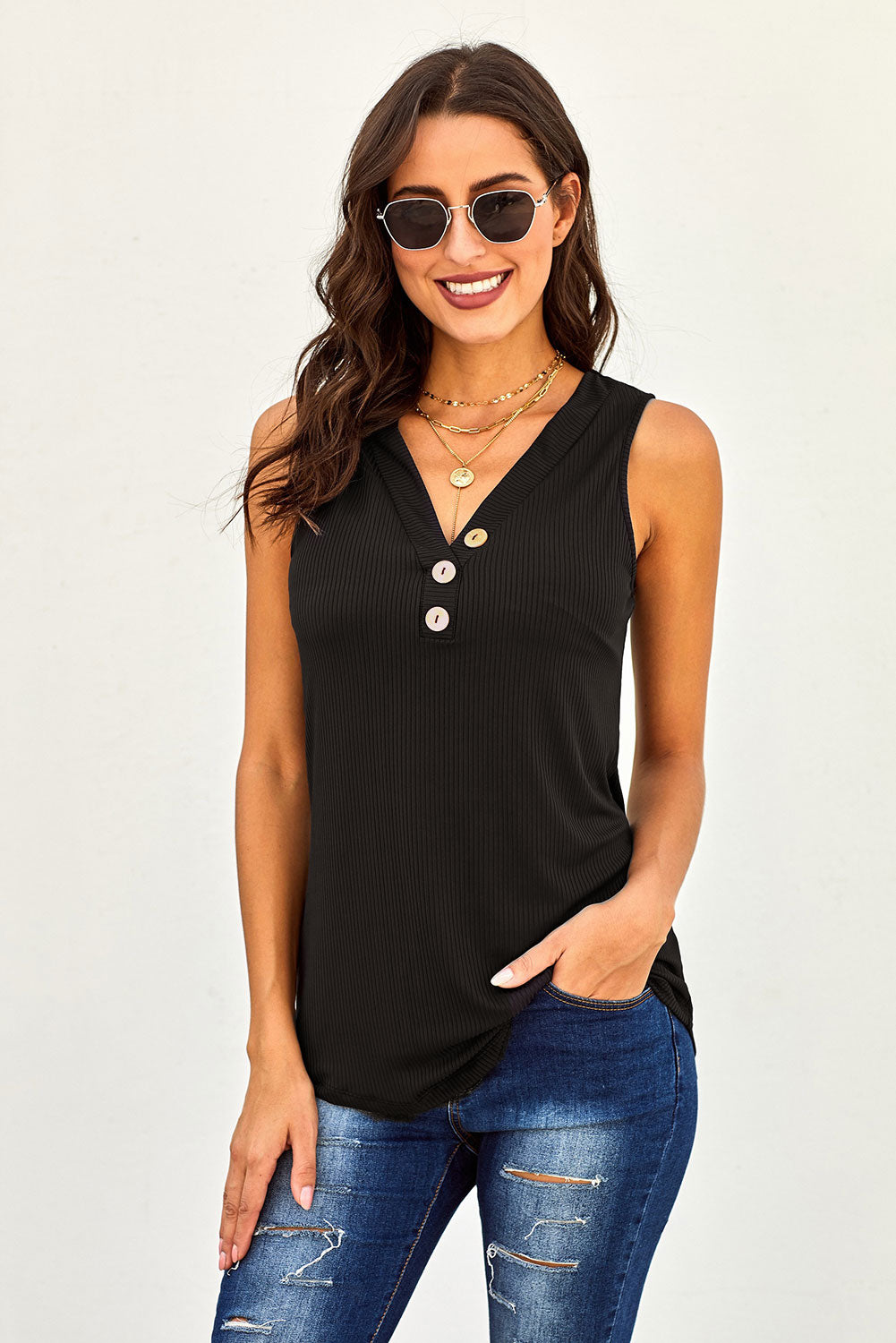 Just Say The Word Button Black Tank Top – ModeShe.com