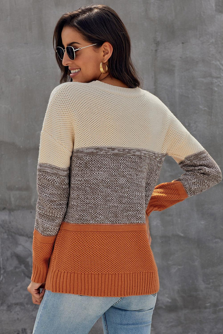 Winter Yellow Color Block Netted Texture Pullover Sweater