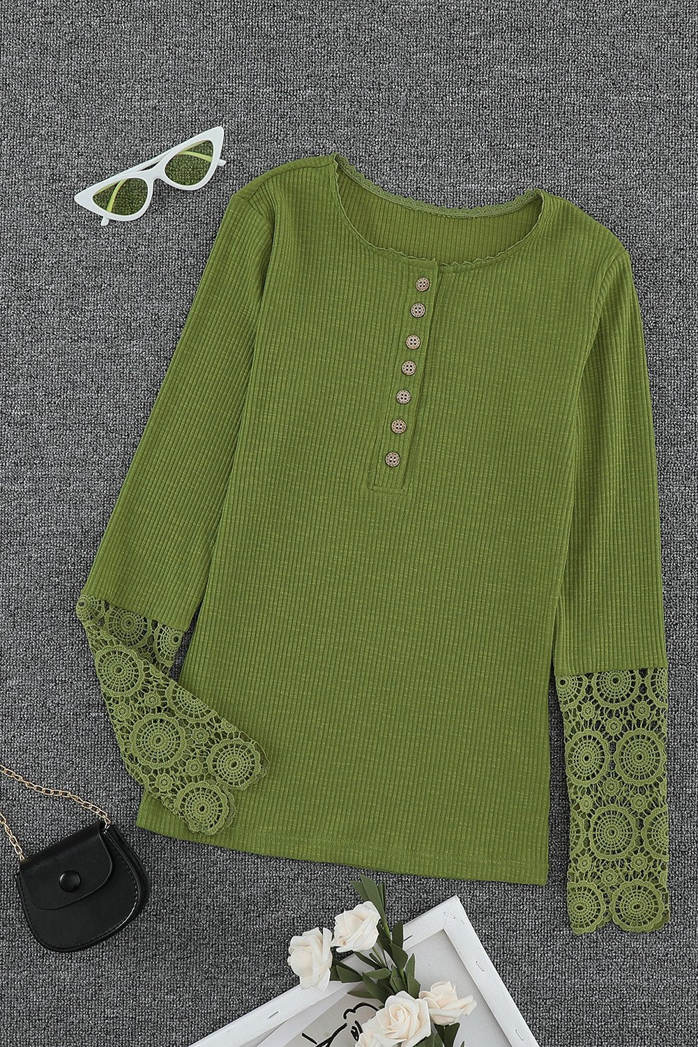 Women's Green Crochet Lace Hem Sleeve Button Casual TopWomen's Green Crochet Lace Hem Sleeve Button Casual Top