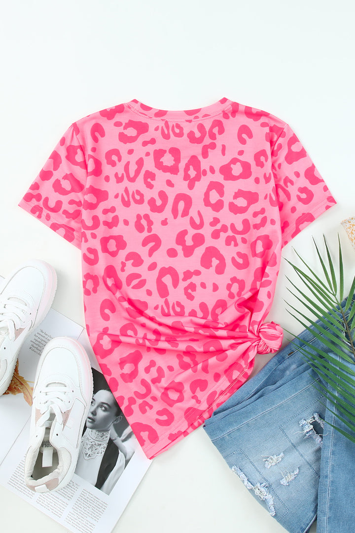 Leopard Print Crew Neck Short Sleeve T Shirt