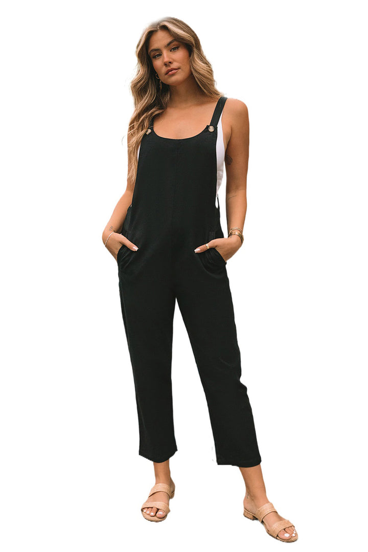 Black Button Straps Pocketed Cropped Jumpsuit