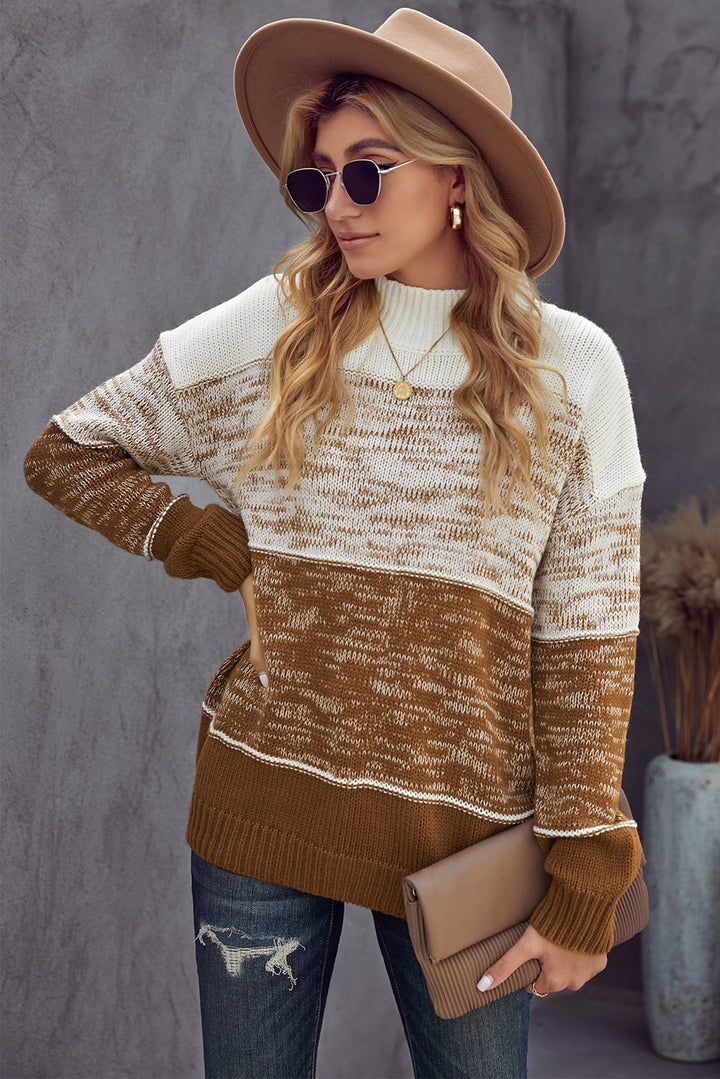 Brown Colorblock High Neck Knit Pullover Sweater