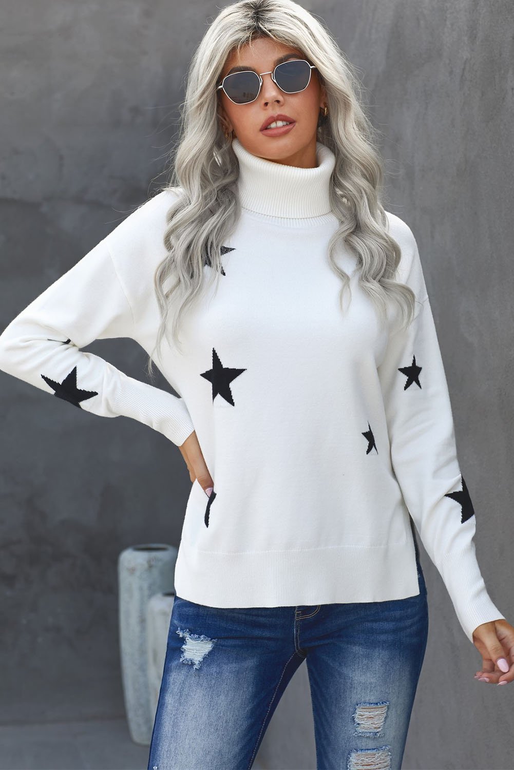 Winter White Turtleneck Dropped Sleeve Star Print Sweater