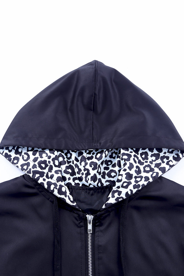 Black Leopard Color Block Pockets Zip-up Hooded Jacket