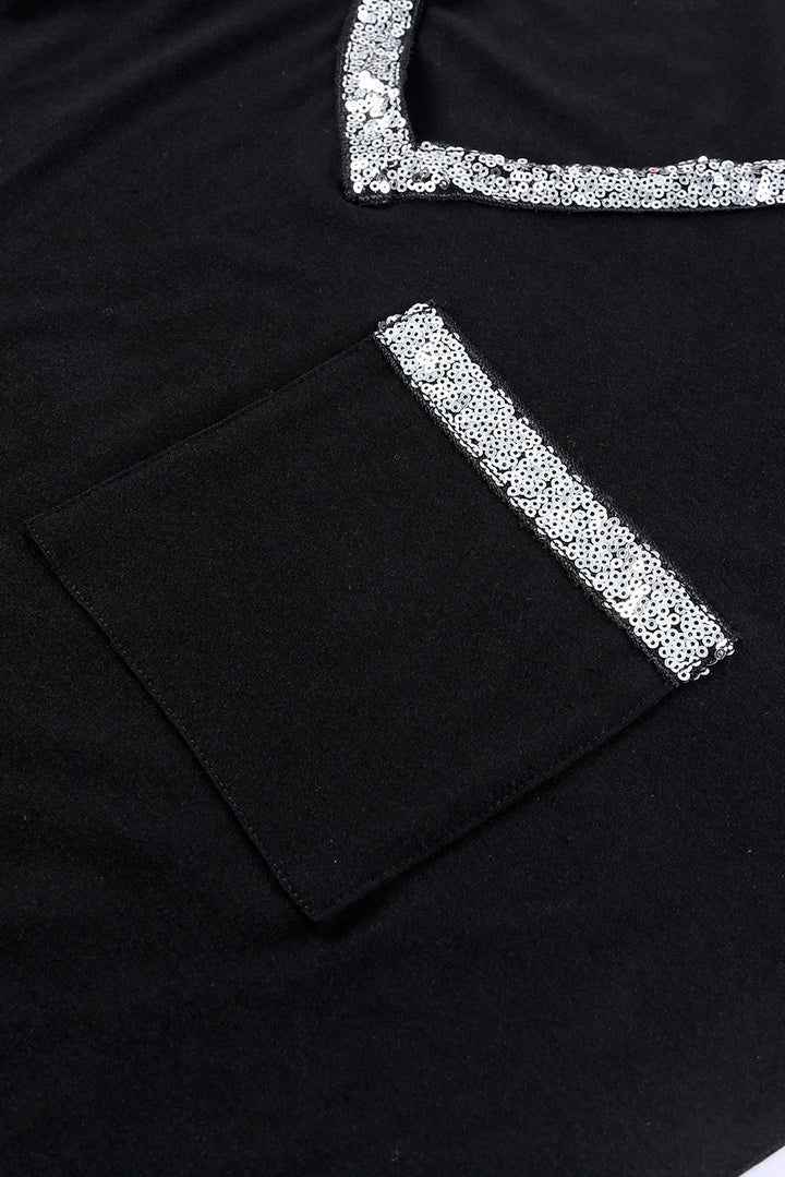 Black Sequin Trim V Neck Chest Pocket Plus Size Tee