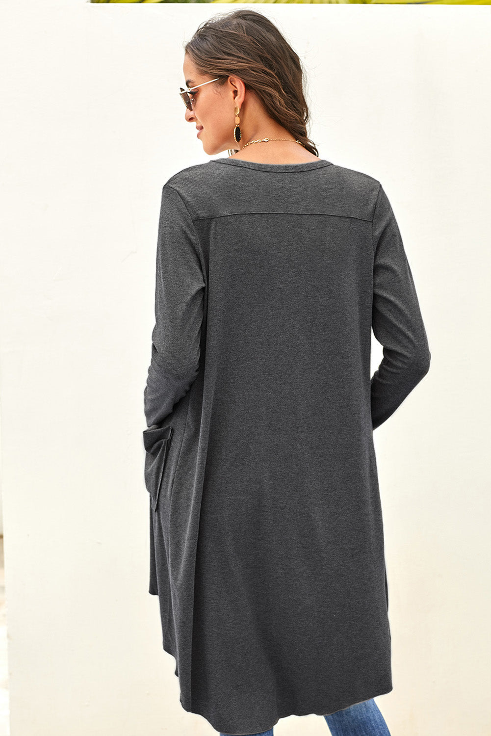 Gray Selected Button Down Pocketed Knit High Low Long Cardigan