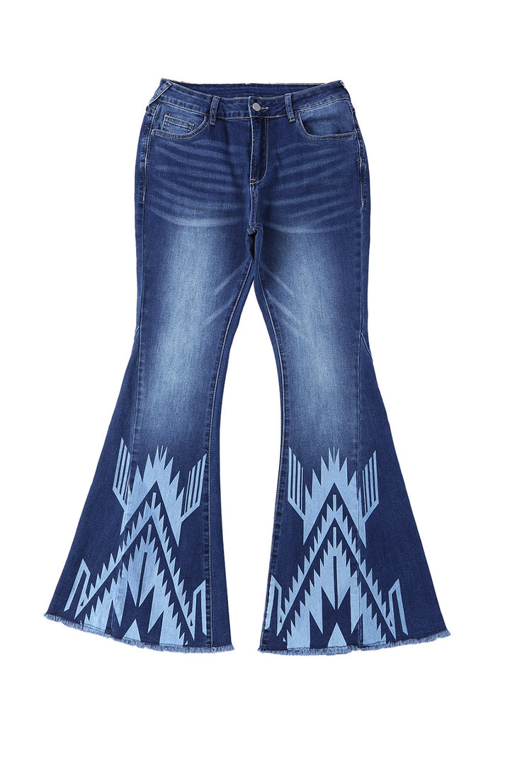 Blue Western Pattern High Rise Flare Jeans