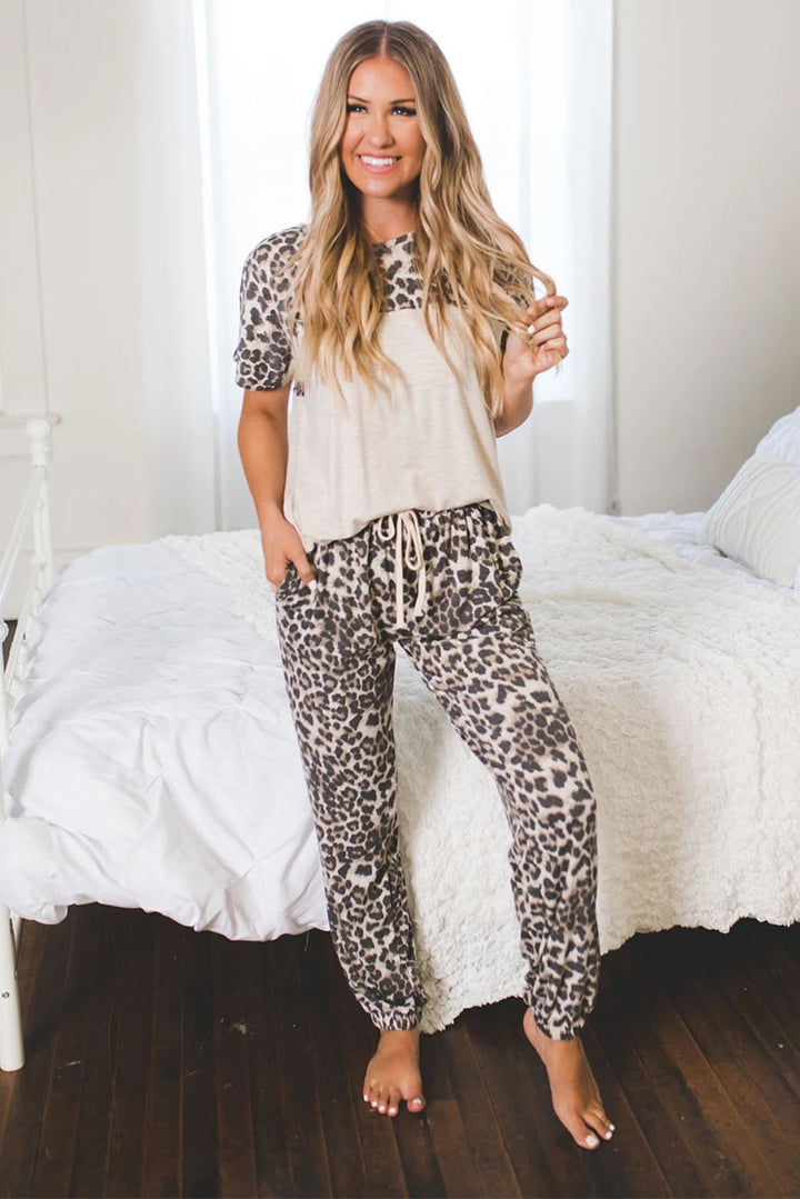 White Black Leopard Splicing Back Hollow-out Short Sleeve Two Pieces Loungewear