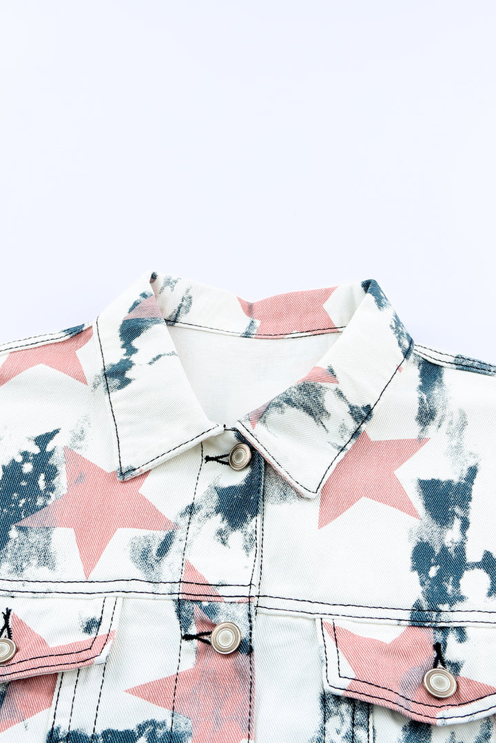 White Stars Tie Dye Print Buttoned Denim Jacket
