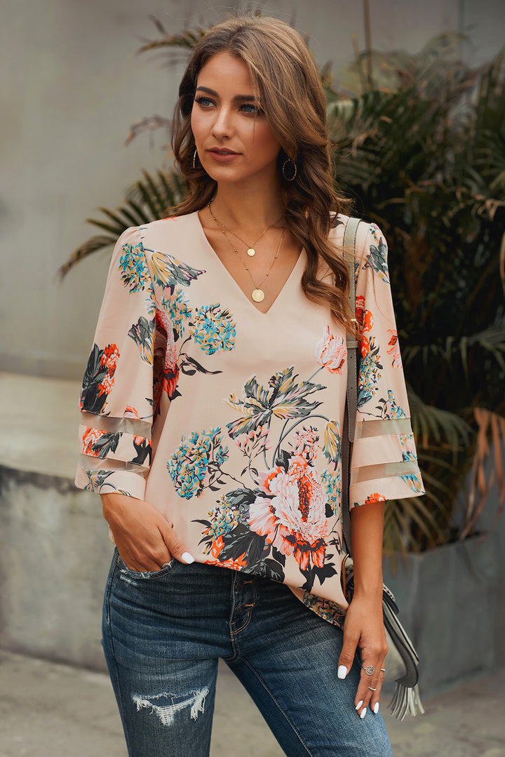 Apricot 3/4 Flared Sleeve Floral Chiffon Blouse
