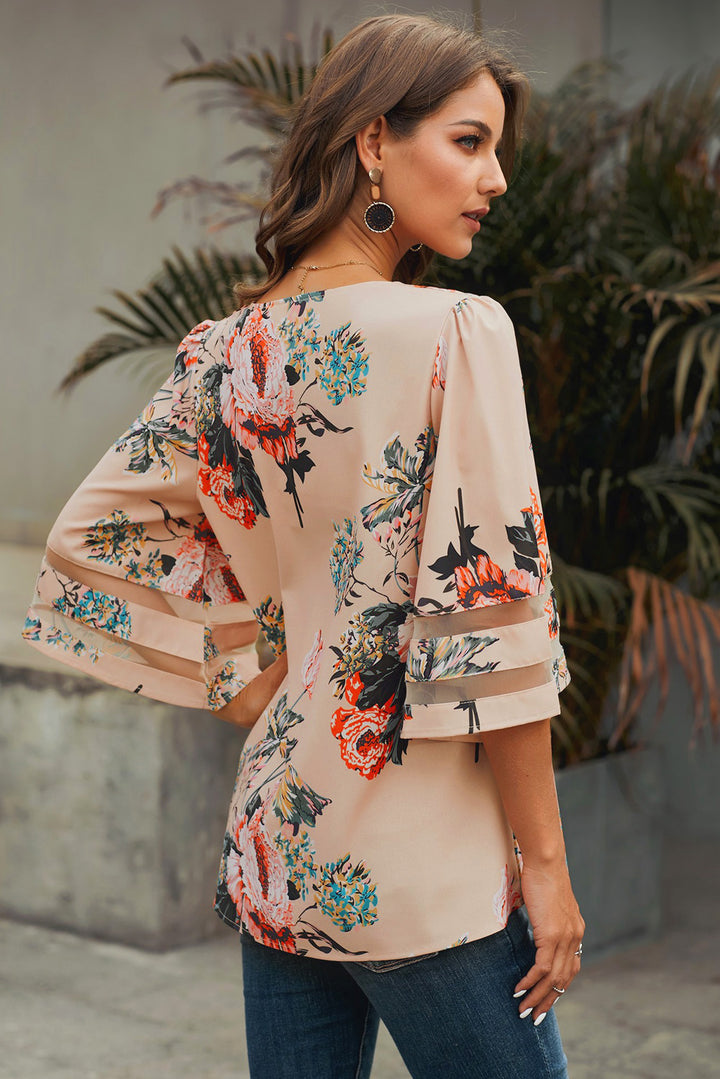 Apricot 3/4 Flared Sleeve Floral Chiffon Blouse
