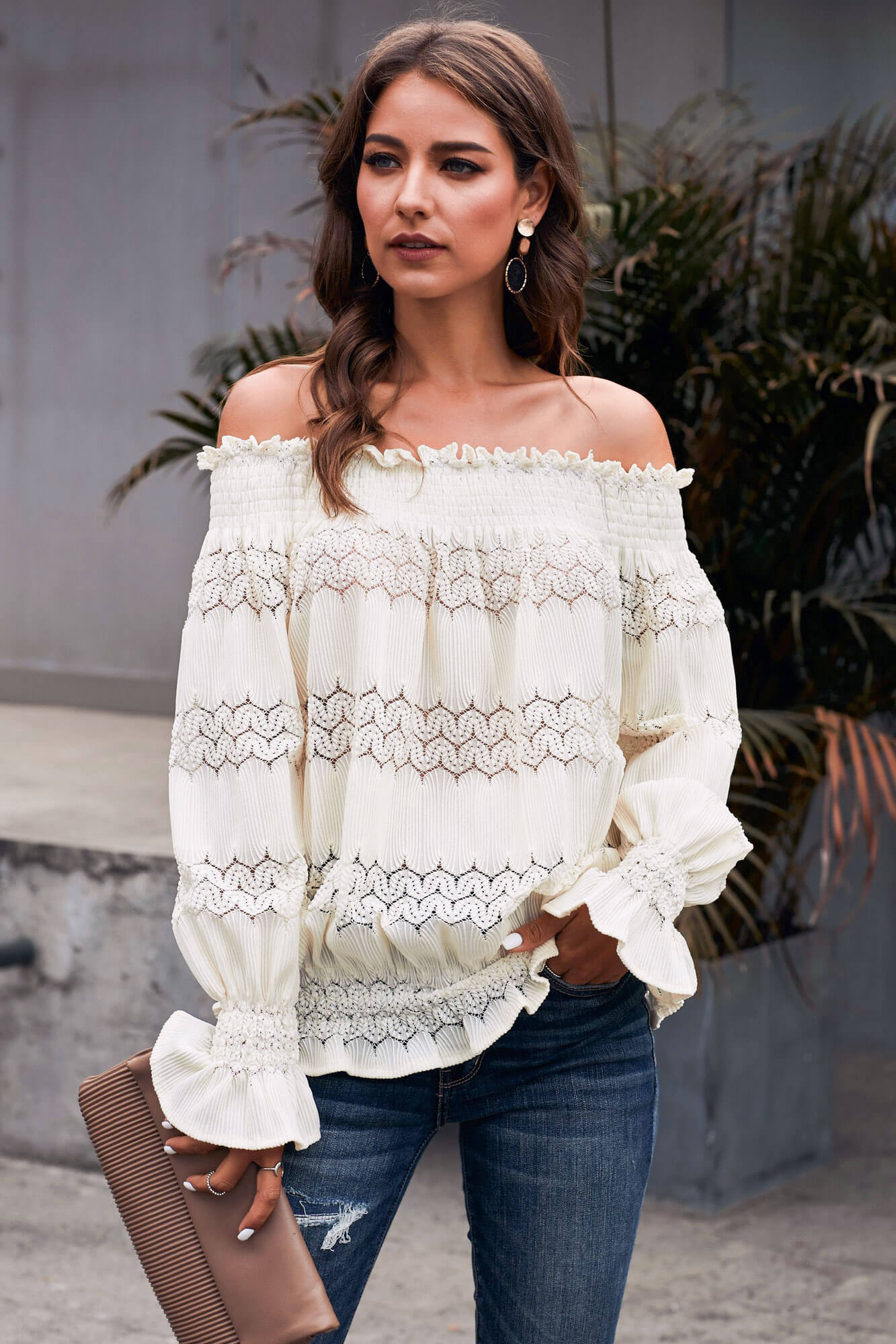 Apricot Off Shoulder Long Sleeve Smocked Crochet Blouse – ModeShe.com