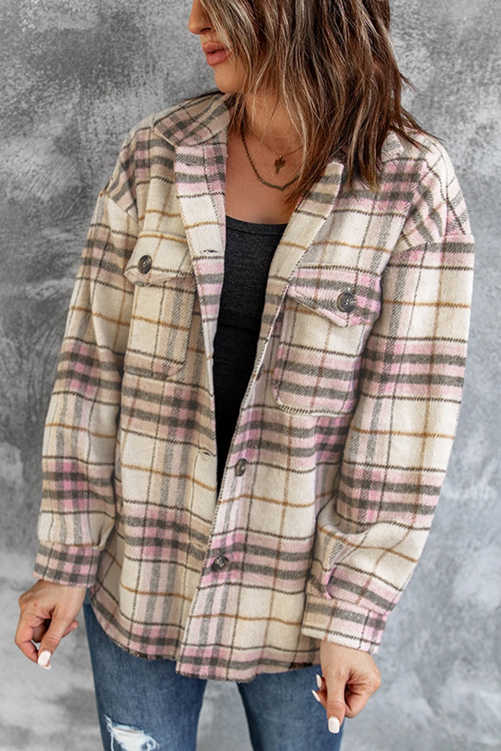Apricot Pocketed Button-up Long Sleeve Plaid Jacket
