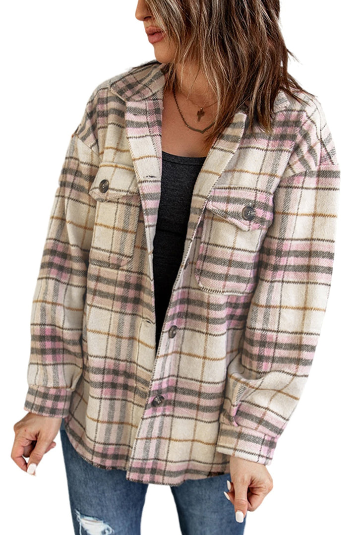 Apricot Pocketed Button-up Long Sleeve Plaid Jacket
