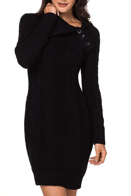 Asymmetric Buttoned Collar Black Bodycon Sweater Dresses