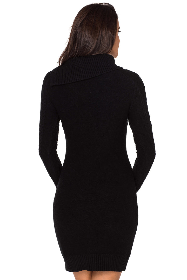 Asymmetric Buttoned Collar Black Bodycon Sweater Dresses