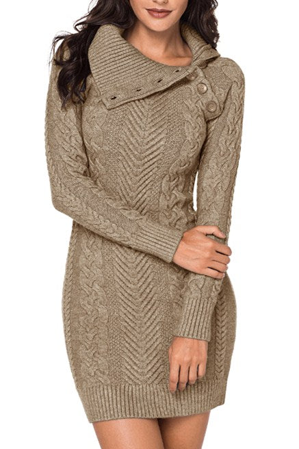 Asymmetric Buttoned Collar Brown Bodycon Sweater Dress