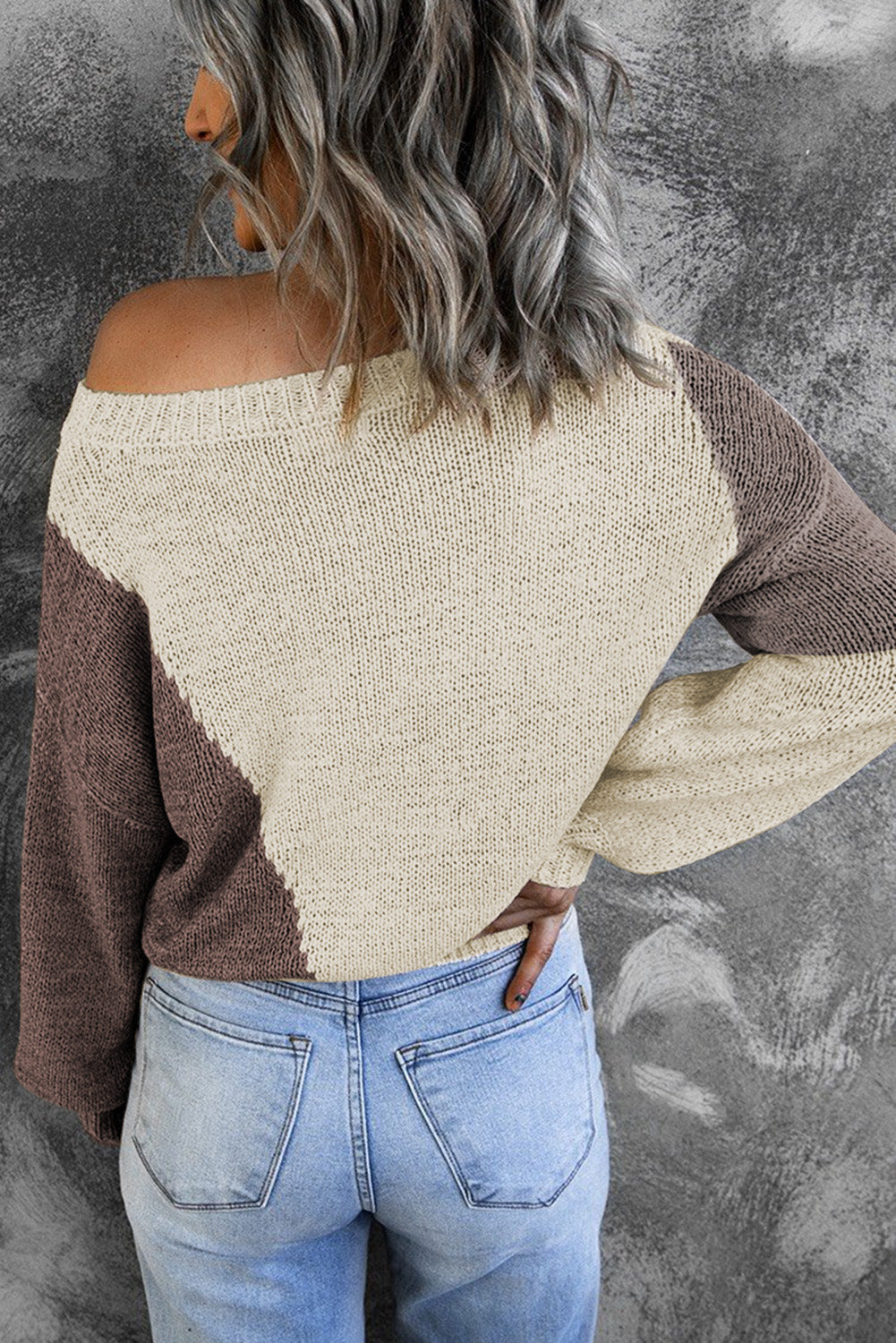 Beige Asymmetric Colorblock Knitted Sweater