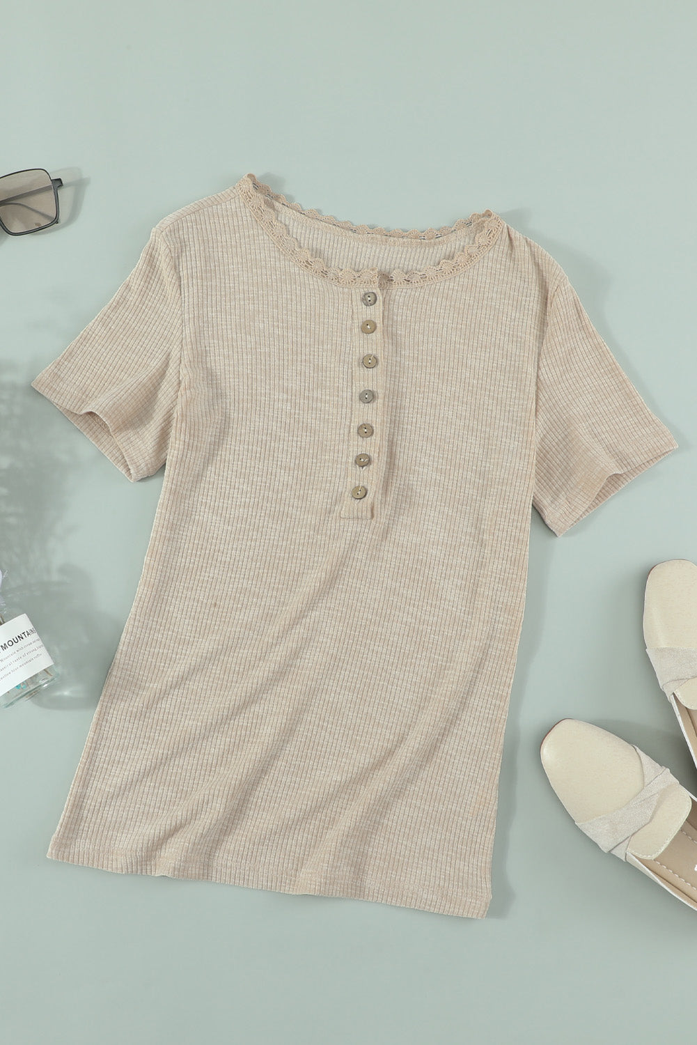 Beige Crew Neck Buttoned Ribbed Knit Short Sleeve Top