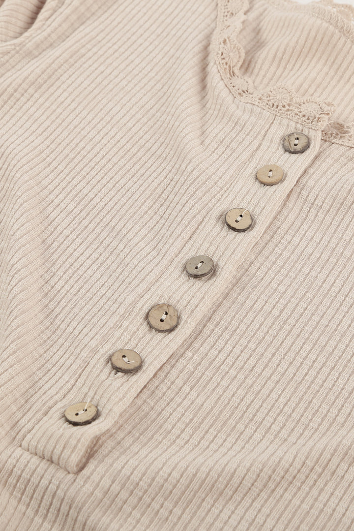 Beige Crew Neck Buttoned Ribbed Knit Short Sleeve Top