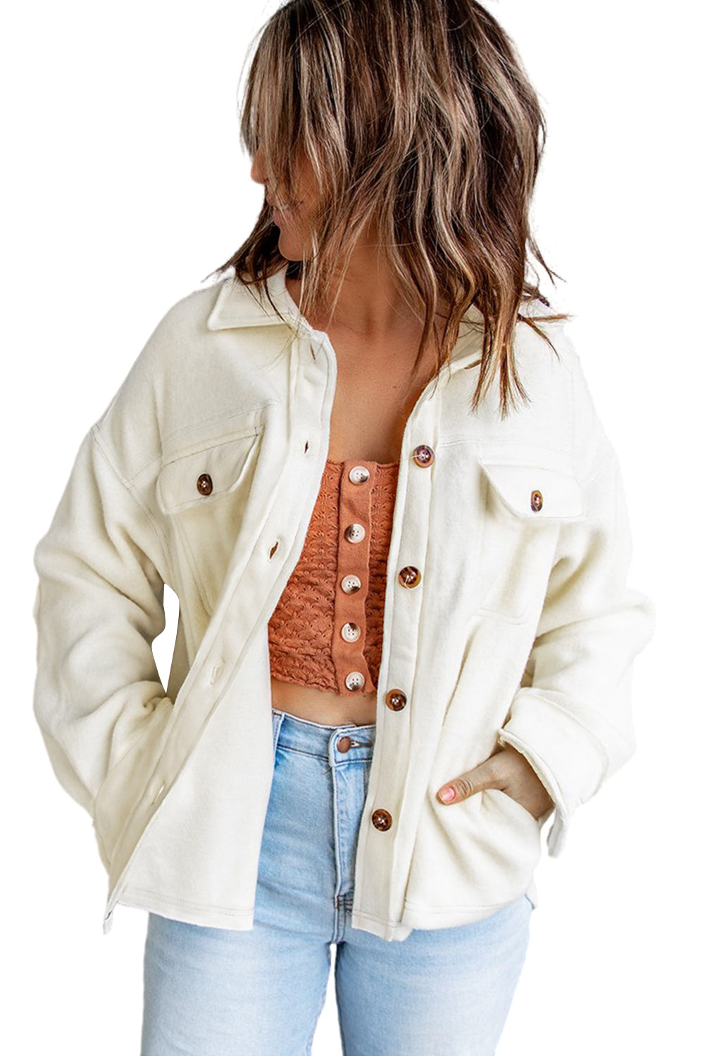Beige Solid Color Pocketed Patched Elbow Women Shacket