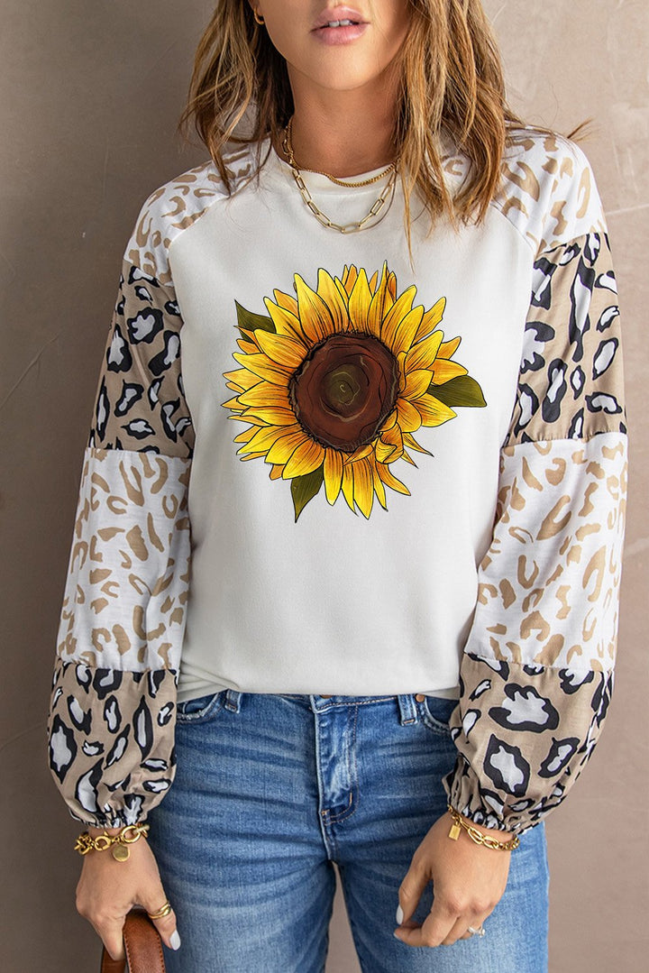 Beige Sunflower Graphic Animal Puff Sleeve Top