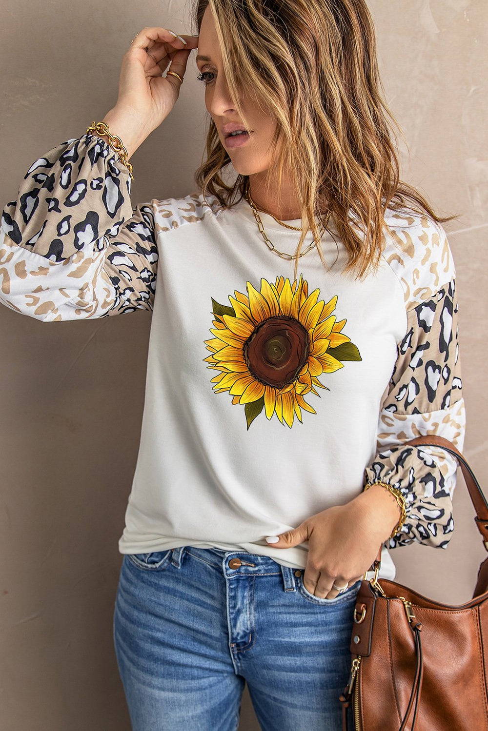 Beige Sunflower Graphic Animal Puff Sleeve Top