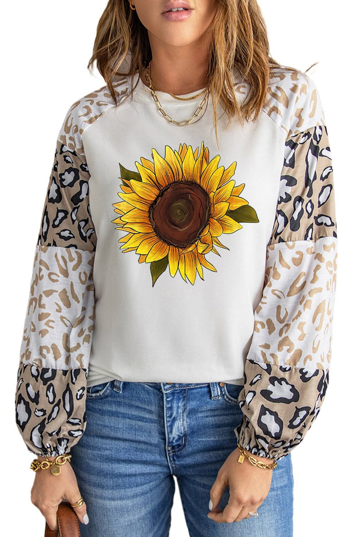 Beige Sunflower Graphic Animal Puff Sleeve Top