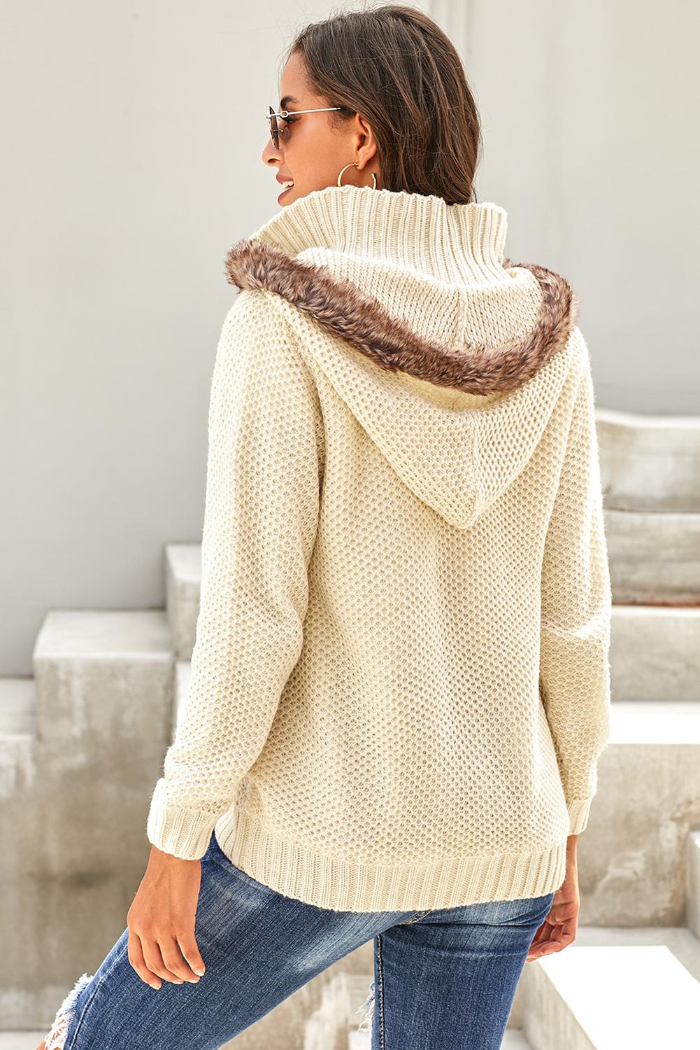 Beige Fur Hood Cable Knit Cardigan Sweater