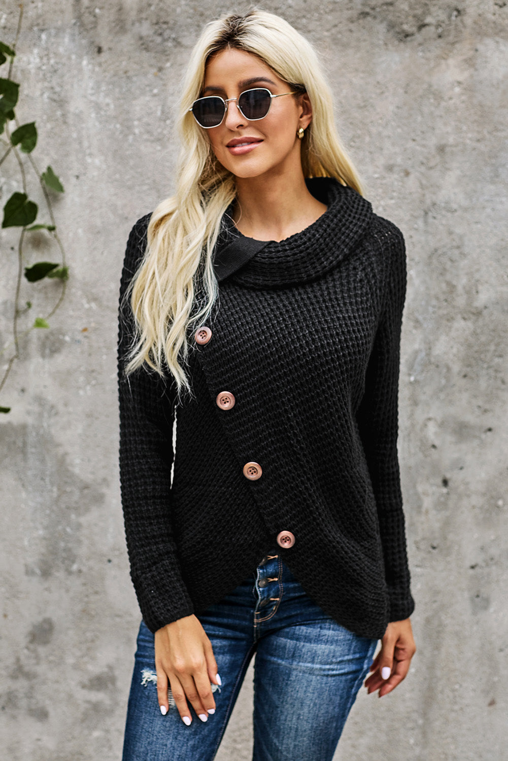 Black Buttoned Wrap Turtleneck Sweater MB27920-11 – ModeShe.com