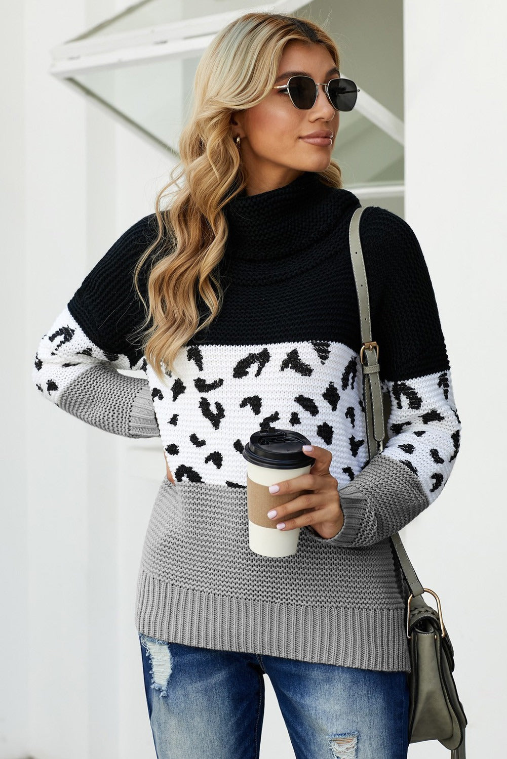 Black Color Block Turtleneck Splicing Chunky Knit Pullover Sweater
