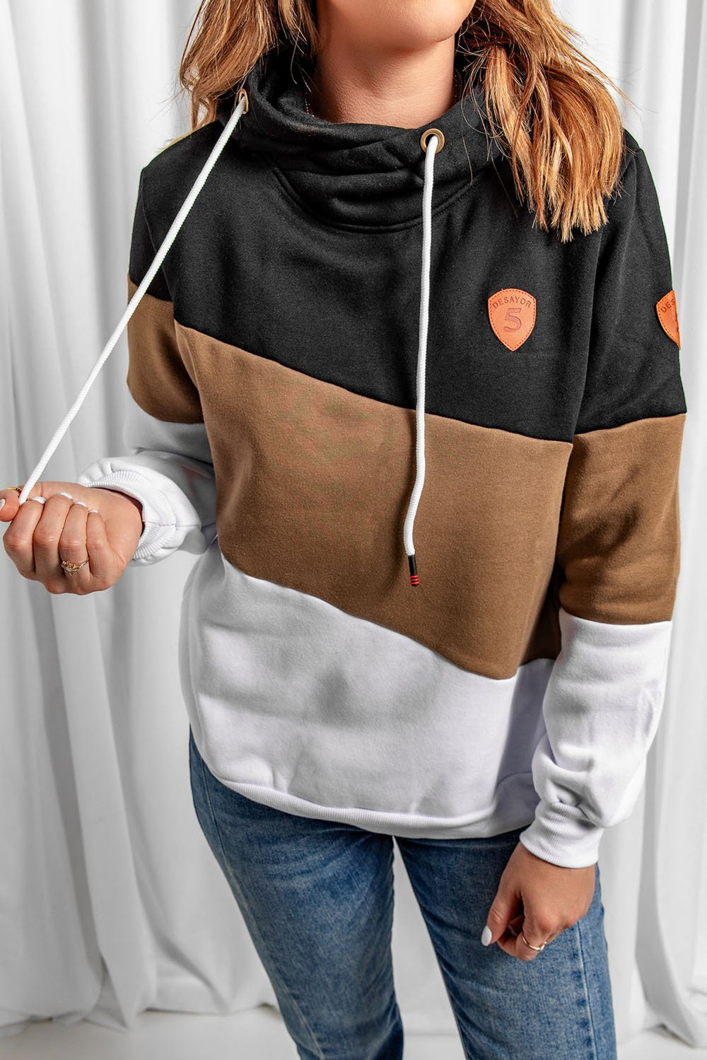 Black Colorblock Cowl Neck Pullover Hoodie